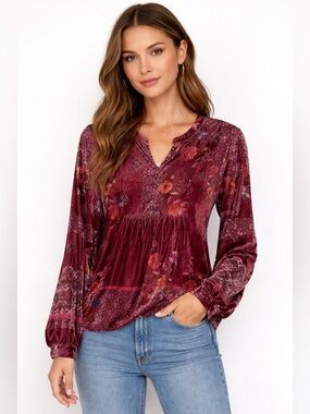 Farmers Market Velvet Floral Boho Blouse Burgundy Flowy Top